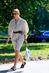 jacket dress, tailor collar dress, white dress, striped dress, balloon sleeves, mid long sleeves dress, mid long dress, button dress, scale sunglasses, butterfly sunglasses, belted dress, brown leather belt, multi belt, white bag, striped bag, brown leather loafers, fashion week, frenchystyle, FW, jonathan paciullo, street style, vertical, full length, MFW, MILAN, SPRING SUMMER 2020, SS 20