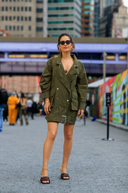 bottega veneta, brown shoes, earrings, green dress, green jacket, high heels, leather shoes, necklace, sunglasses, street style, jonathan paciullo, FW, frenchystyle, fashion week, NEW YORK, NYFW, SPRING SUMMER 2020, SS 20, vertical, full length
