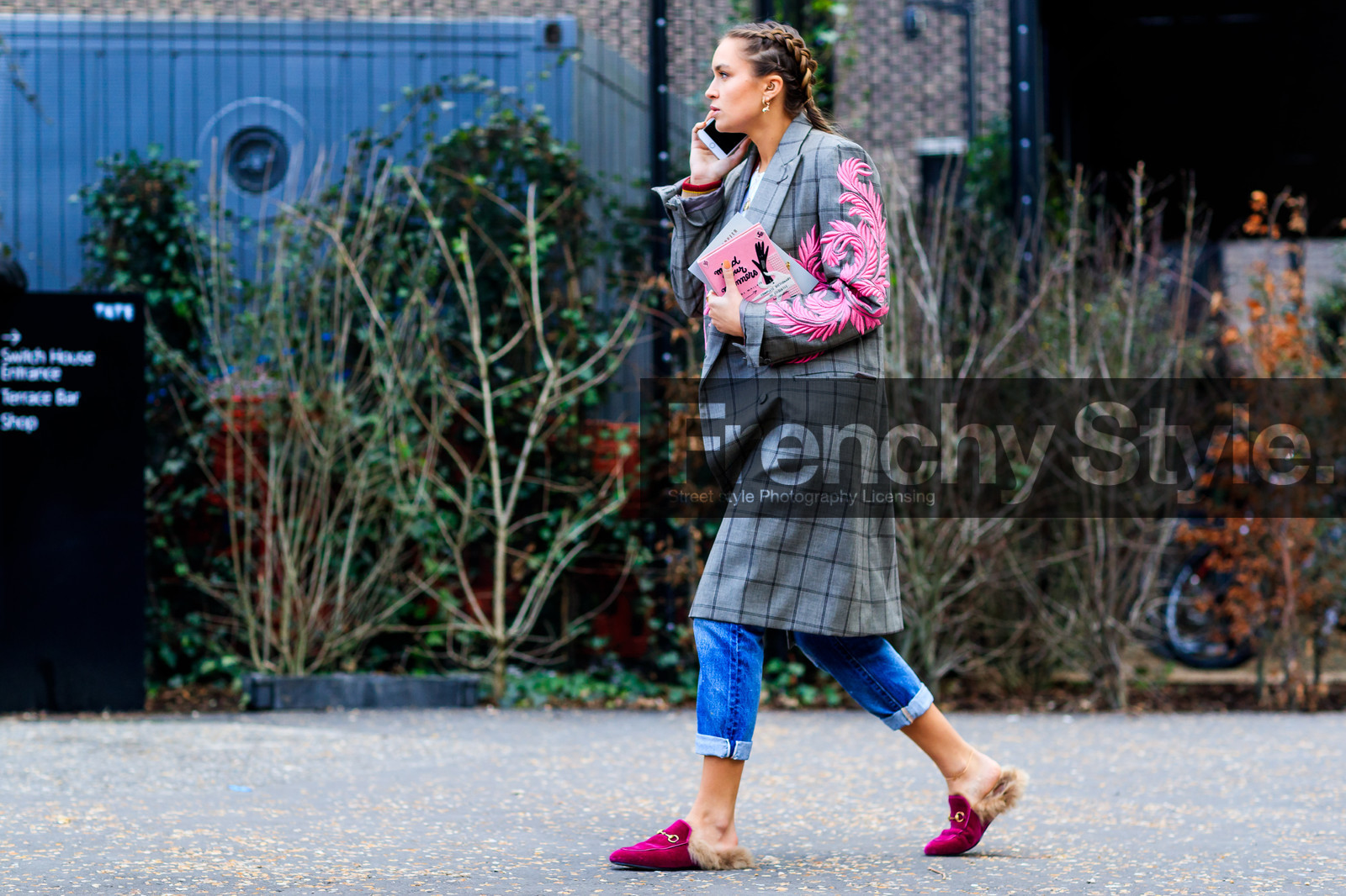 atmosphere details, AUTUMN WINTER 2017-2018, AW 17-18, blue denim, braids, checked coat, denim pants, embroidered bag, embroidered coat, FALL WINTER 2017-2018, fashion week, frenchystyle, full length, fur shoes, FW, FW 17-18, graphic coat, grey coat, gucci, horizontal, jeans, jonathan paciullo, leather shoes, LFW, LONDON, nina suess, olympia le tan, pink bag, printed bag, printed coat, street style, trousers, velvet