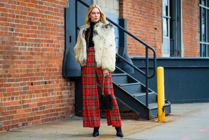 black bag, black shoes, black turtleneck, checked, fur jacket, graphic pants, leather bag, leather shoes, megan adelaide, paco rabanne, plaid, printed pants, red pants, tartan, trousers, white fur, white jacket, street style, jonathan paciullo, frenchystyle, NYFW, NEW YORK, AUTUMN WINTER 2019-2020, AW 19-20, FALL WINTER 2019-2020, FW 19-20, FW, fashion week, atmosphere details, horizontal, full length