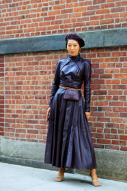 aimee song, beige shoes, beret, bordeaux, bottega veneta, brown dress, brown hat, burgundy, fanny pack, fishnet, high heels, leather dress, leather shoes, tone on tone, total look brown, street style, jonathan paciullo, FW, frenchystyle, fashion week, NEW YORK, NYFW, SPRING SUMMER 2020, SS 20, vertical, full length