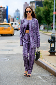 animal print, black bag, black shoes, glitter, graphic jacket, graphic pants, high heels, leather jacket, leather pants, leather shoes, prada, printed jacket, printed pants, purple jacket, purple pants, sequined bag, snake print, sunglasses, trousers, street style, jonathan paciullo, FW, frenchystyle, fashion week, NEW YORK, NYFW, SPRING SUMMER 2020, SS 20, vertical, full length