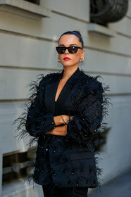 evangelie smyrniotaki, celine sunglasses, hoop earrings, multi earrings, golden earrings, black jacket, feather details, feather details jacket, strassed jacket, fashion week, frenchystyle, FW, jonathan paciullo, street style, vertical, atmosphere details, detail, MFW, MILAN, SPRING SUMMER 2020, SS 20