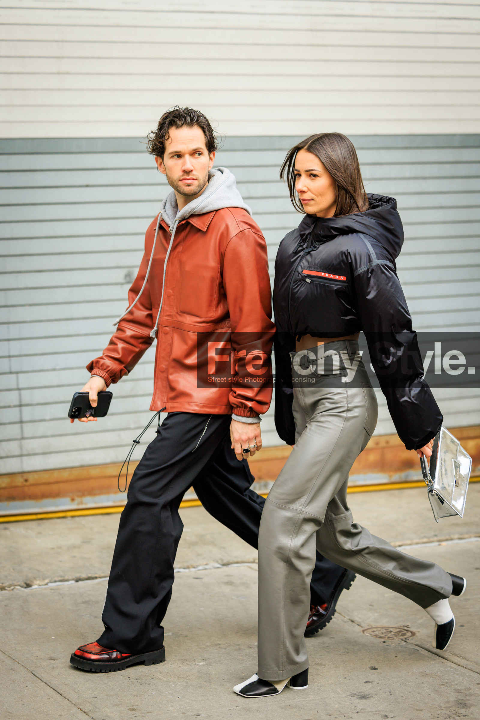 prada linea rosa black bomber jacket, grey leather wideleg pants, black and white boots, corail leather jacket, grey hoodie, flared black pants, red washed out derbies, transparent handbag, transparent acnestudios handbag, alice barbier, JS roques, fashion week, frenchystyle, FW, jonathan paciullo, street style, NYFW, NEW YORK, AUTUMN WINTER 2022-2023, FALL WINTER 2022_2023, FW 22-23, vertical, full length