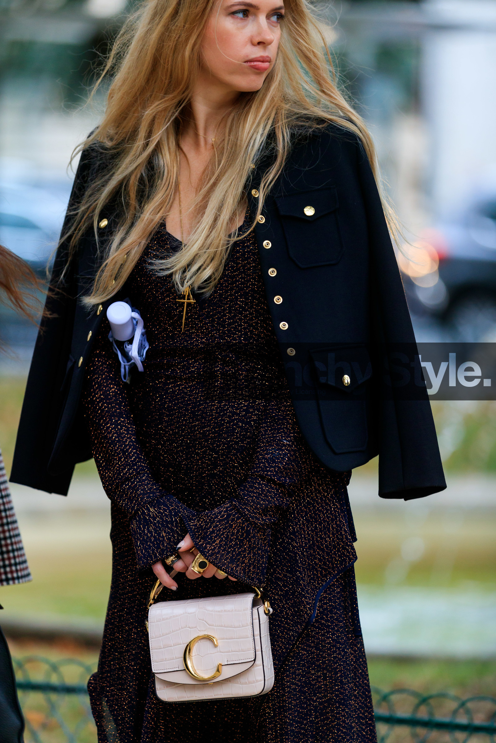 black jacket, lurex dress, long sleeves dress, tight dress, chloe bag, white leather bag, hand bag, animal skin bag, mini bag, golden buckle bag, fashion week, frenchystyle, FW, jonathan paciullo, street style, SPRING SUMMER 2020, SS 20, PFW, PARIS, vertical, atmosphere details, detail