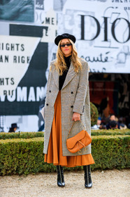 beige coat, beret, black hat, black shoes, black sweater, camel bag, checked, christian dior, graphic jacket, high heels, houndstooth pattern, leather bag, leather shoes, orange skirt, plaid, printed jacket, sunglasses, fashion week, frenchystyle, FW, jonathan paciullo, street style, PFW, PARIS, AUTUMN WINTER 2018-2019, FALL WINTER 2018-2019, FW 18-19, vertical, full length