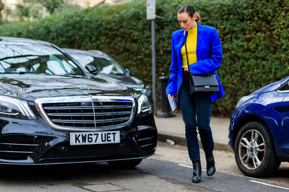 black bag, black shoes, blue denim, blue jacket, denim pants, high heels, jeans, leather bag, leather shoes, trousers, yellow sweater, street style, jonathan paciullo, FW, frenchystyle, fashion week, LFW, LONDON, AUTUMN WINTER 2018-2019, AW 18-19, FALL WINTER 2018-2019, FW 18-19, horizontal, atmosphere details, full length, flora macdonald johnston