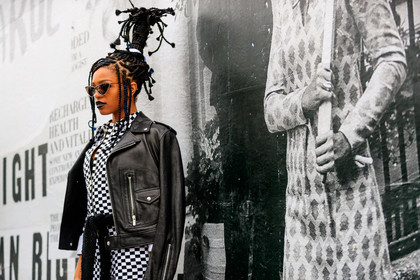 black jacket, black lips, black perfecto, braids, check jumpsuit, checked, christian dior, gingham, graphic jumpsuit, graphic pants, leather jacket, leather perfecto, plaid, printed jumpsuit, printed pants, sunglasses, tied up sweater, trousers, fashion week, frenchystyle, FW, jonathan paciullo, street style, PFW, PARIS, AUTUMN WINTER 2018-2019, FALL WINTER 2018-2019, FW 18-19, horizontal, atmosphere details, selah marley