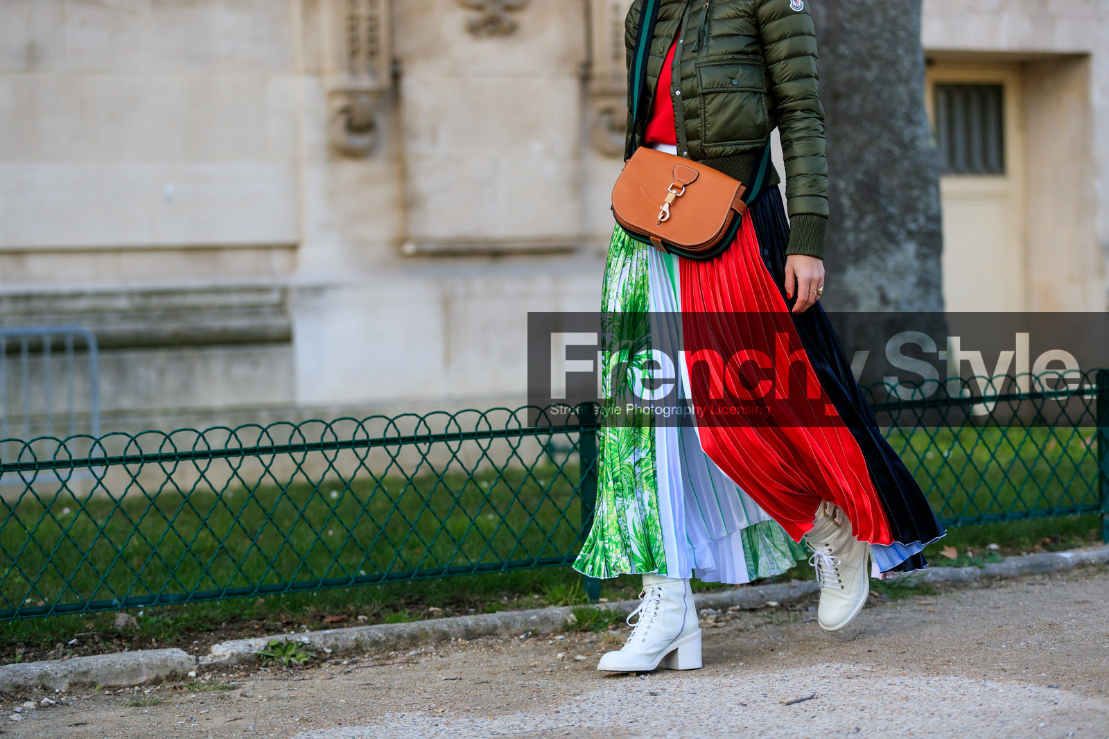 brown bag, down jacket, graphic skirt, green jacket, high heels, leather bag, leather shoes, moncler, multicolor skirt, pleated skirt, printed skirt, white boots, street style, jonathan paciullo, FW, frenchystyle, fashion week, PFW, PARIS, AUTUMN WINTER 2018-2019, FALL WINTER 2018-2019, FW 18-19, horizontal, atmosphere details