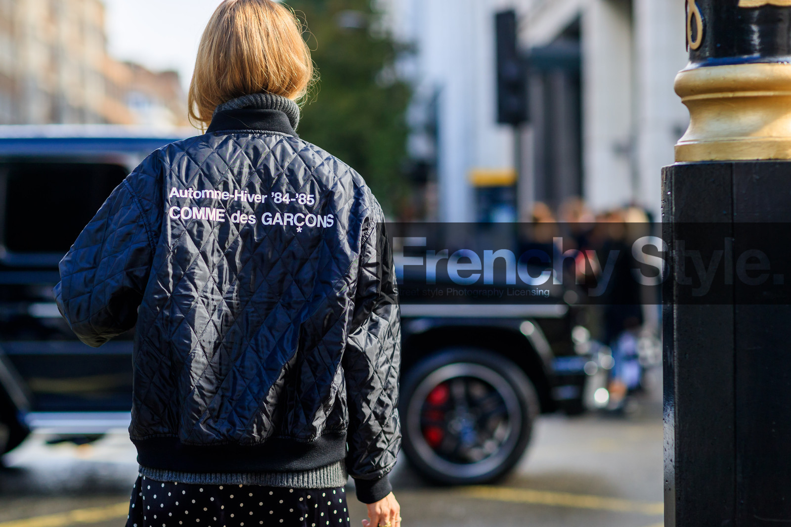 atmosphere details, black jacket, black skirt, bomber jacket, comme des garçons, detail, fashion week, frenchystyle, FW, graphic skirt, horizontal, jonathan paciullo, LFW, LONDON, pernille teisbaek, polka dot, printed skirt, SPRING SUMMER 2018, SS 18, street style