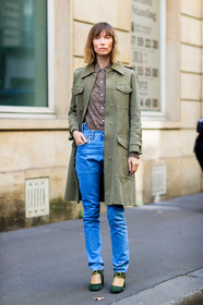 anya ziourova, blue denim, brown shirt, denim pants, fashion week, frenchystyle, full length, FW, green jacket, green shoes, high heels, jeans, jonathan paciullo, leather shoes, PARIS, PFW, SPRING SUMMER 2017, SS 17, street style, trousers, vertical