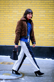 black and white, black bag, black denim, black shoes, blue denim, brown fur, brown jacket, denim jacket, denim pants, fur jacket, graphic pants, leather bag, leather shoes, printed pants, shearling, trousers, white denim, street style, jonathan paciullo, frenchystyle, NYFW, NEW YORK, AUTUMN WINTER 2019-2020, AW 19-20, FALL WINTER 2019-2020, FW 19-20, fashion week, FW, vertical, full length