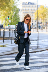 claire thomson jonville, aviator sunglasses, scale sunglasses, white t-shirt, dark grey jacket, dark grey pants, dark grey suits, striped jacket, striped pants, striped suits, loose pants, black leather bag, animal skin bag, shoulder bag, golden chain strap bag, white leather sneakers, nike shoes, fashion week, frenchystyle, FW, jonathan paciullo, street style, SPRING SUMMER 2020, SS 20, PFW, PARIS, vertical, full length
