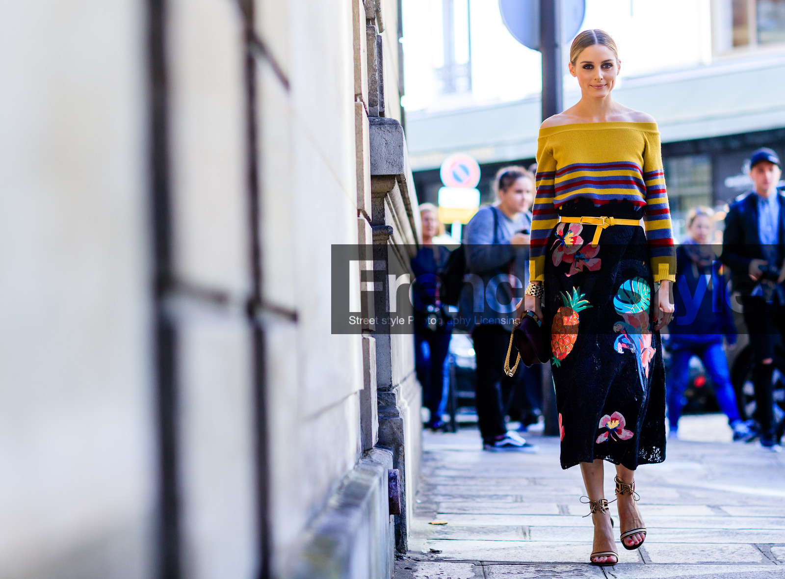 atmosphere details, black skirt, fashion week, floral, flower, frenchystyle, full length, FW, graphic sweater, high heels, horizontal, jonathan paciullo, leather bag, leather shoes, olivia palermo, PARIS, PFW, printed skirt, printed sweater, SPRING SUMMER 2017, SS 17, street style, striped sweater, stripes, valentino, yellow belt, yellow sweater