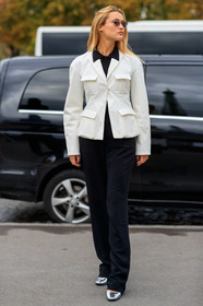 chloe lecareux, white jacket, butterfly sunglasses, mirror sunglasses, metalic frame sunglasses, black shirt, black pants, flare pants, silver shoes, fashion week, frenchystyle, FW, jonathan paciullo, street style, SPRING SUMMER 2020, SS 20, PFW, PARIS, vertical, full length