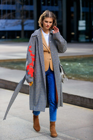 blue denim, brown boot, camel jacket, checked, denim pants, gingham, graphic jacket, jeans, leather jacket, leather shoes, plaid, printed jacket, trousers, white shirt, street style, jonathan paciullo, FW, frenchystyle, fashion week, NYFW, NEW YORK, AUTUMN WINTER 2018-2019, AW 18-19, FALL WINTER 2018-2019, FW 18-19, vertical, full length, model