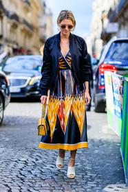 beige shoes, black dress, black jacket, bomber jacket, fashion week, frenchystyle, full length, FW, graphic dress, helena bordon, high heels, jonathan paciullo, leather bag, leather dress, leather shoes, multicolor dress, PARIS, PFW, printed dress, SPRING SUMMER 2017, SS 17, street style, sunglasses, valentino, vertical, yellow bag