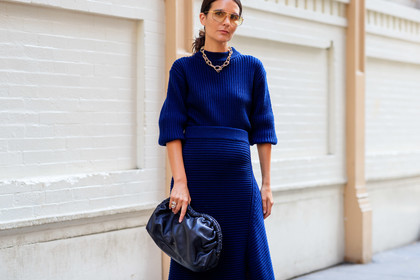 black bag, blue skirt, blue sweater, leather bag, mansur gabriel, necklace, sunglasses, street style, jonathan paciullo, FW, frenchystyle, fashion week, NEW YORK, NYFW, SPRING SUMMER 2020, SS 20, horizontal, atmosphere details, detail