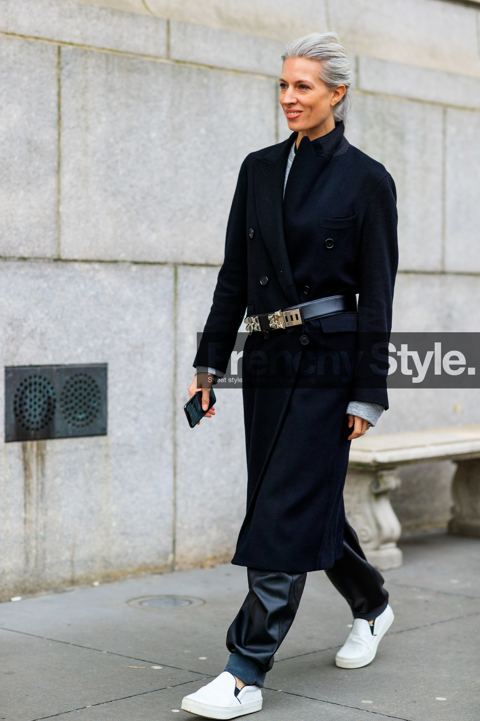 black belt, black coat, black pants, hermès, leather belt, leather pants, leather shoes, ponytail, sarah harris, studs, trousers, white sneakers, street style, jonathan paciullo, frenchystyle, NYFW, NEW YORK, AUTUMN WINTER 2019-2020, AW 19-20, FALL WINTER 2019-2020, FW 19-20, fashion week, FW, vertical, full length