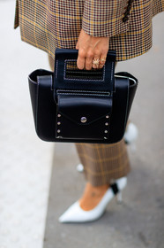 balenciaga, black bag, brown jacket, brown pants, brown suit, checked jacket, checked pants, checked suit, detail, fashion week, frenchystyle, FW, graphic jacket, graphic pants, jonathan paciullo, leather bag, natasha goldenberg, PARIS, PFW, plaid, printed jacket, printed pants, printed suit, SPRING SUMMER 2017, SS 17, street style, tartan, trousers, vertical