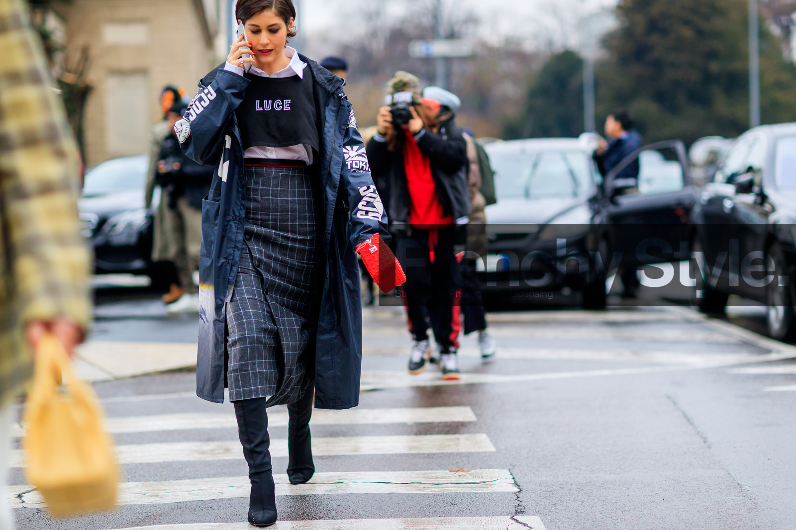 black coat, black shoes, black sweater, checked, crop top, graphic jacket, graphic skirt, grey skirt, high boots, high heels, leather bag, leather shoes, plaid, printed jacket, printed skirt, rain coat, red bag, white shirt, fashion week, frenchystyle, FW, jonathan paciullo, street style, MFW, MILAN, AUTUMN WINTER 2018-2019, FALL WINTER 2018-2019, FW 18-19, horizontal, atmosphere details