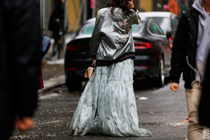 bomber jacket, floral, flowers, graphic dress, grey dress, grey jacket, printed dress, ruffles, silver jacket, street style, jonathan paciullo, frenchystyle, NYFW, NEW YORK, AUTUMN WINTER 2019-2020, AW 19-20, FALL WINTER 2019-2020, FW 19-20, FW, fashion week, atmosphere details, horizontal, detail