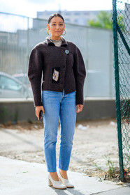 balenciaga, blue denim, bold shoulders, brown jacket, denim pants, earrings, fashion week, frenchystyle, full length, FW, high heels, jeans, jonathan paciullo, leather shoes, PARIS, PFW, rachael wang, SPRING SUMMER 2017, SS 17, street style, trousers, vertical, white shoes