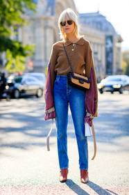 beige bag, blue denim, camel knit, chanel, denim pants, fashion week, frenchystyle, full length, FW, jeans, jonathan paciullo, leather shoes, linda tol, PARIS, PFW, red boots, SPRING SUMMER 2017, SS 17, stir pants, street style, sunglasses, trousers, vertical