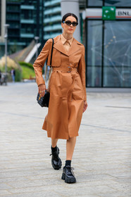 brittany xavier, camel look, camel leather jacket, camel leather shirt, camel leather trench coat, black leather bag, quilted bag, butterfly sunglasses, prada shoes, big sole shoes, laced shoes, black leather shoes, black socks, nails details, fashion week, frenchystyle, FW, jonathan paciullo, street style, vertical, full length, MFW, MILAN, SPRING SUMMER 2020, SS 20