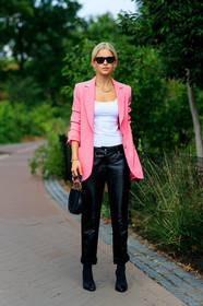 black bag, black pants, black shoes, blazer, caro daur, céline, high heels, leather pants, leather shoes, necklace, pink jacket, sunglasses, trousers, wandler, white tank top, street style, jonathan paciullo, FW, frenchystyle, fashion week, NEW YORK, NYFW, SPRING SUMMER 2020, SS 20, vertical, full length