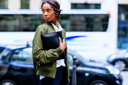 atmosphere details, black clutch, blue denim, bomber jacket, denim pants, detail, fashion week, frenchystyle, FW, green jacket, horizontal, jeans, jonathan paciullo, model, PARIS, PFW, SPRING SUMMER 2017, SS 17, street style, trousers, white shirt