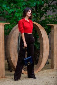 jeanne damas, dior bag, black leather bag, golden buckle bag, 30 montaigne bag, red shirt, short sleeves shirt, cropped shirt, high waist pants, flare pants, brown pants, fashion week, frenchystyle, FW, jonathan paciullo, street style, SPRING SUMMER 2020, SS 20, PFW, PARIS, vertical, full length