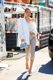 balenciaga hourglass shiny bag, white blazer, feathered white top, white stilettos, sequin silver skirt, silver crystal earrings, leonie hanne, fashion week, frenchystyle, FW, jonathan paciullo, street style, NYFW, NEW YORK, AUTUMN WINTER 2022-2023, FALL WINTER 2022_2023, FW 22-23, vertical, full length