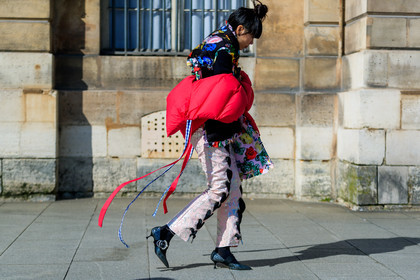 black shirt, down jacket, floral, flowers, graphic jacket, graphic pants, high heels, leather shoes, miu miu, multicolor shirt, off the shoulder, pink pants, printed jacket, printed pants, printed shirt, red jacket, shiny shoes, trousers, street style, jonathan paciullo, FW, frenchystyle, fashion week, PFW, PARIS, AUTUMN WINTER 2018-2019, FALL WINTER 2018-2019, FW 18-19, horizontal, atmosphere details, full length, susie lau