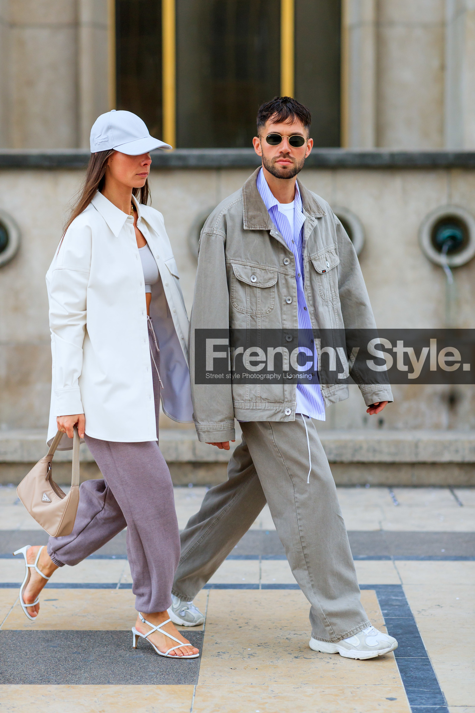alice & j.s, alice barbier, JS roques, white cap, white leather jacket, white leather shirt, white leather bag, lacoste cap, sportswear, jogging pants, purple pants, prada bag, light beige bag, white top, cropped top, kitten heels sandals, multi straps sandals, rayban sunglasses, fashion week, frenchystyle, FW, jonathan paciullo, street style, SPRING SUMMER 2020, SS 20, PFW, PARIS, vertical, full length