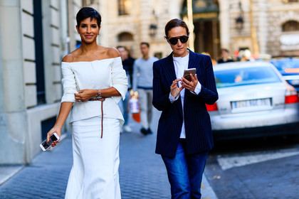 atmosphere details, blazer, blue denim, brown belt, deena abdulaziz, denim pants, detail, fashion week, frenchystyle, FW, horizontal, jeans, jonathan paciullo, leather belt, navy jacket, off the shoulder, PARIS, PFW, SPRING SUMMER 2017, SS 17, street style, sunglasses, trousers, white skirt, white top