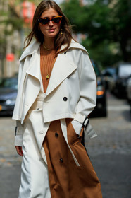 bicolor skirt, brown skirt, camel knit, darja barannik, graphic skirt, necklace, printed skirt, sunglasses, white jacket, white skirt, street style, jonathan paciullo, FW, frenchystyle, fashion week, NEW YORK, NYFW, SPRING SUMMER 2020, SS 20, vertical, detail, atmosphere details