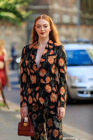 larsen thompson, ferragamo bag, hand bag, mini bag, brown leather bag, floral print jacket, floral printed pants, floral printed suits, black suits, black jacket, black pants, fashion week, frenchystyle, FW, jonathan paciullo, street style, vertical, atmosphere details, detail, MFW, MILAN, SPRING SUMMER 2020, SS 20