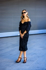 black sunglasses, pearl necklcae, black midi dress, creased dress, brown sandals, platform sandals, leather sandals, red lips, jenny walton, fashion week, frenchystyle, FW, jonathan paciullo, street style, vertical, full length