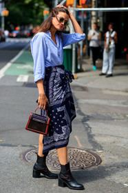 black bag, black shoes, blue shirt, blue skirt, brown bag, graphic skirt, high heels, high waist, leather bag, leather shoes, paisley, printed skirt, purple bag, sunglasses, street style, jonathan paciullo, FW, frenchystyle, fashion week, NEW YORK, NYFW, SPRING SUMMER 2020, SS 20, vertical, full length
