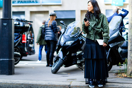 atmosphere details, black skirt, black sneakers, bomber jacket, fashion week, frenchystyle, full length, FW, green jacket, horizontal, jonathan paciullo, kelly wong, leather shoes, PARIS, PFW, pleated skirt, ruffled skirt, SPRING SUMMER 2017, SS 17, street style, vans