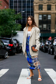 beige jacket, blazer, blue skirt, camel bag, checked, graphic bag, graphic dress, high heels, leather bag, leather shoes, necklace, oversize, plaid, prada, printed bag, printed dress, tartan, white shoes, white tank top, street style, jonathan paciullo, FW, frenchystyle, fashion week, NEW YORK, NYFW, SPRING SUMMER 2020, SS 20, vertical, full length