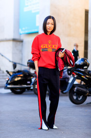 black pants, fashion week, frenchystyle, full length, FW, gucci, jonathan paciullo, leather shoes, PARIS, PFW, printed sweater, red jacket, red sweater, SPRING SUMMER 2017, SS 17, street style, trousers, vertical, white shoes, yoyo cao