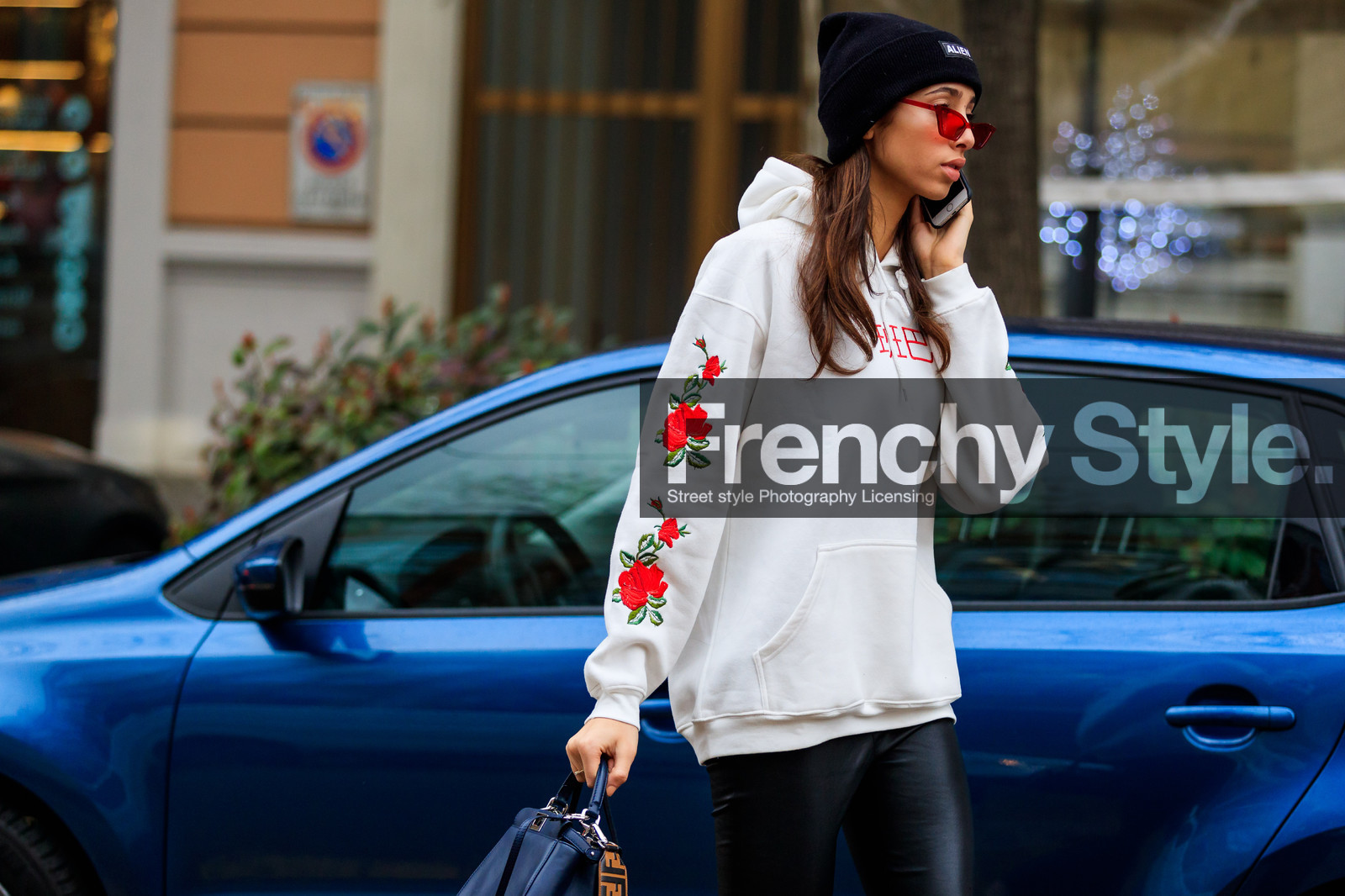 black bag, black beanie, black pants, fendi, floral, flowers, hoodie, leather bag, leather pants, printed sweater, sunglasses, trousers, white sweater, fashion week, frenchystyle, FW, jonathan paciullo, street style, MFW, MILAN, AUTUMN WINTER 2018-2019, FALL WINTER 2018-2019, FW 18-19, horizontal, atmosphere details, model