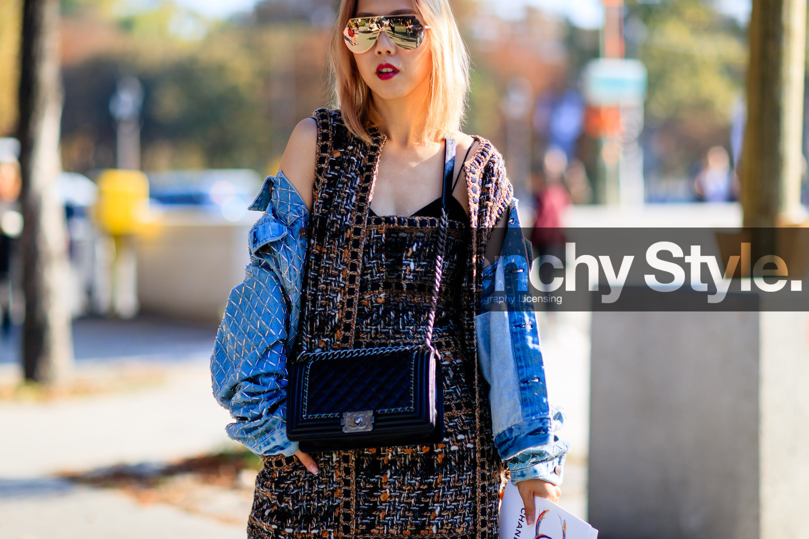 atmosphere details, black bag, blue denim, boy bag, brown dress, chanel, denim jacket, detail, embroidered jacket, fashion week, frenchystyle, FW, horizontal, jonathan paciullo, leather bag, off the shoulder, PARIS, PFW, SPRING SUMMER 2017, SS 17, street style, sunglasses, tweed dress