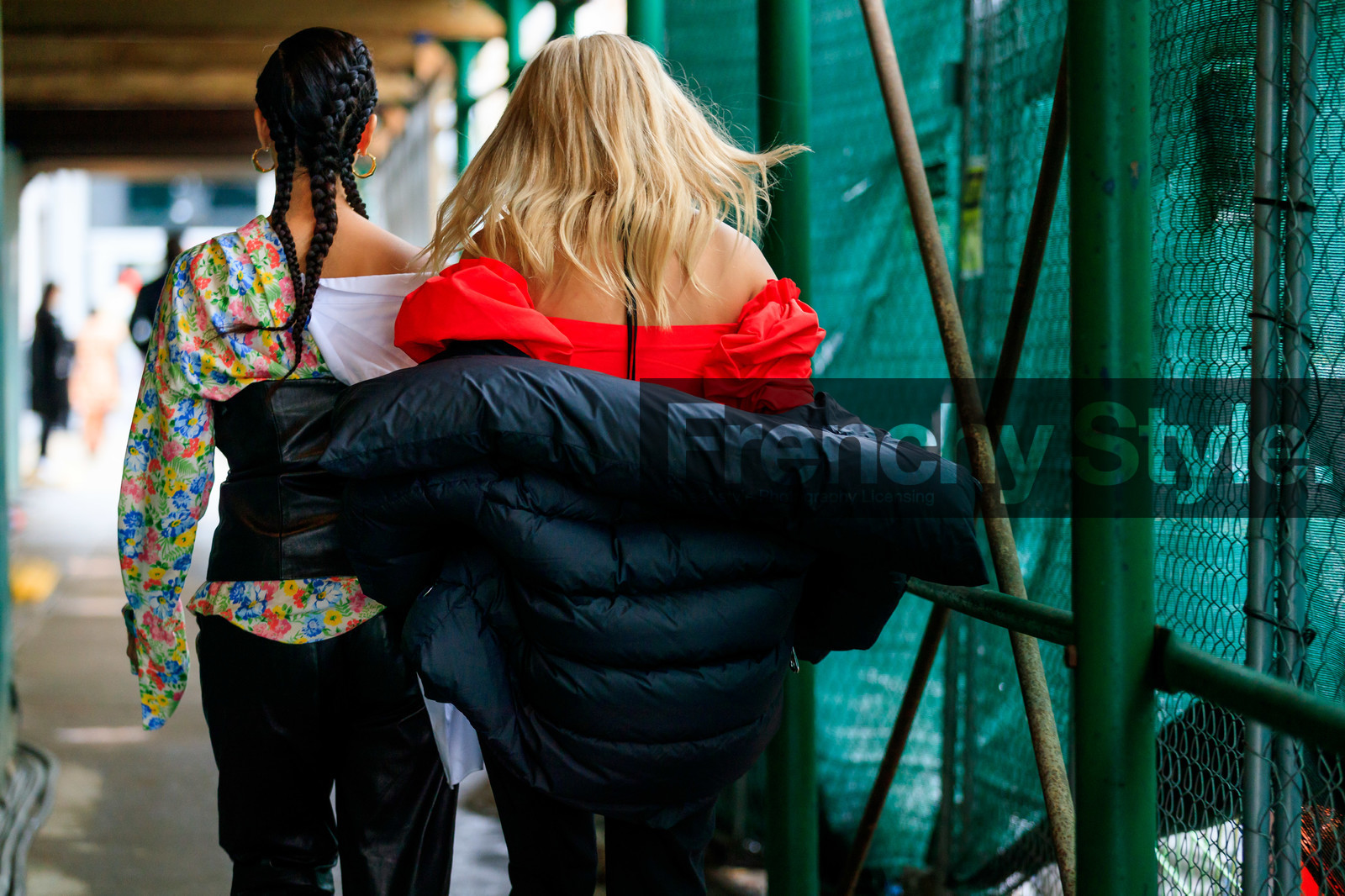 asymetric, black belt, black jacket, black pants, braids, corset, down jacket, off the shoulder, red top, tina leung, trousers, white shirt, street style, jonathan paciullo, frenchystyle, NYFW, NEW YORK, AUTUMN WINTER 2019-2020, AW 19-20, FALL WINTER 2019-2020, FW 19-20, fashion week, FW, atmosphere details, horizontal, detail