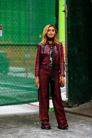 black scarf, bordeaux, burgundy, coach, fringes, leather jacket, leather pants, red jacket, red pants, sarah ellen, trousers, street style, jonathan paciullo, frenchystyle, NYFW, NEW YORK, AUTUMN WINTER 2019-2020, AW 19-20, FALL WINTER 2019-2020, FW 19-20, fashion week, FW, vertical, full length