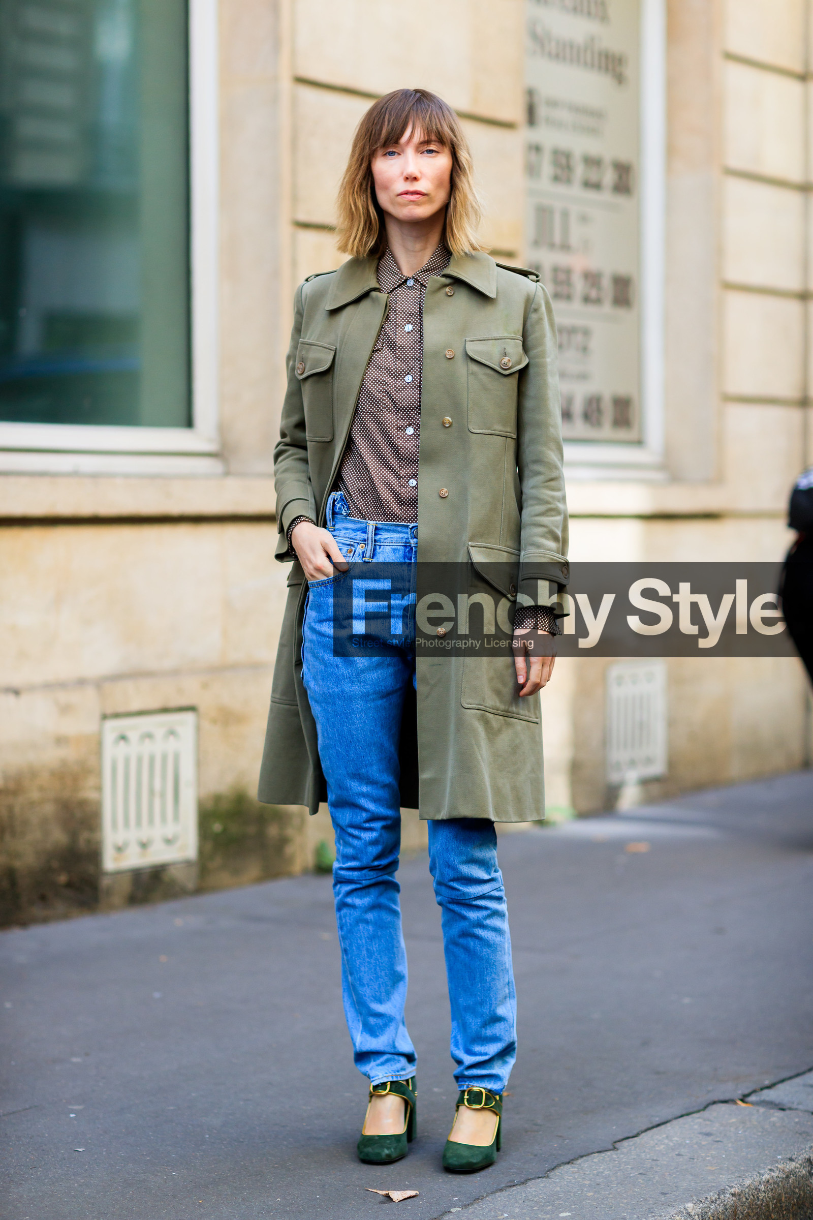 anya ziourova, blue denim, brown shirt, denim pants, fashion week, frenchystyle, full length, FW, green jacket, green shoes, high heels, jeans, jonathan paciullo, leather shoes, PARIS, PFW, SPRING SUMMER 2017, SS 17, street style, trousers, vertical