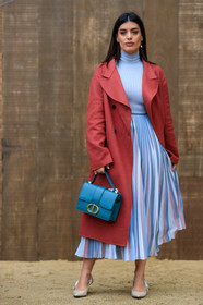 red coat, light blue skirt, light blue top, turtleneck top, long skirt, long coat, pleated skirt, dior bag, hand bag, green leather bag, dior shoes, nude shoes, sling back shoes, logo strap shoes, 30 montaigne bag, fashion week, frenchystyle, FW, jonathan paciullo, street style, SPRING SUMMER 2020, SS 20, PFW, PARIS, vertical, full length