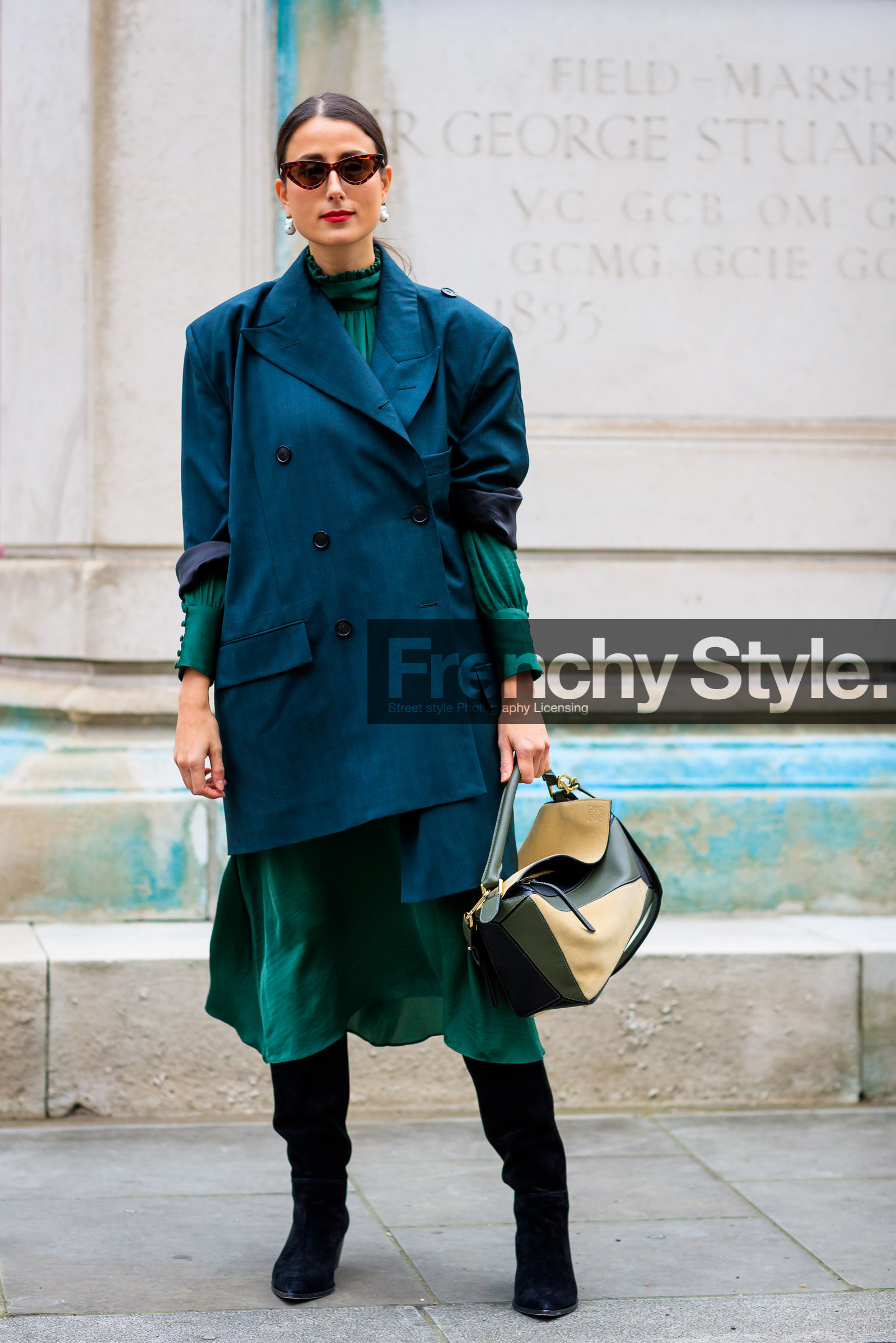 black shoes, blue jacket, graphic bag, green bag, green dress, high boots, high heels, leather bag, leather shoes, loewe, patchwork, printed bag, sunglasses, street style, jonathan paciullo, FW, frenchystyle, fashion week, LFW, LONDON, AUTUMN WINTER 2018-2019, AW 18-19, FALL WINTER 2018-2019, FW 18-19, vertical, full length, julia haghjoo